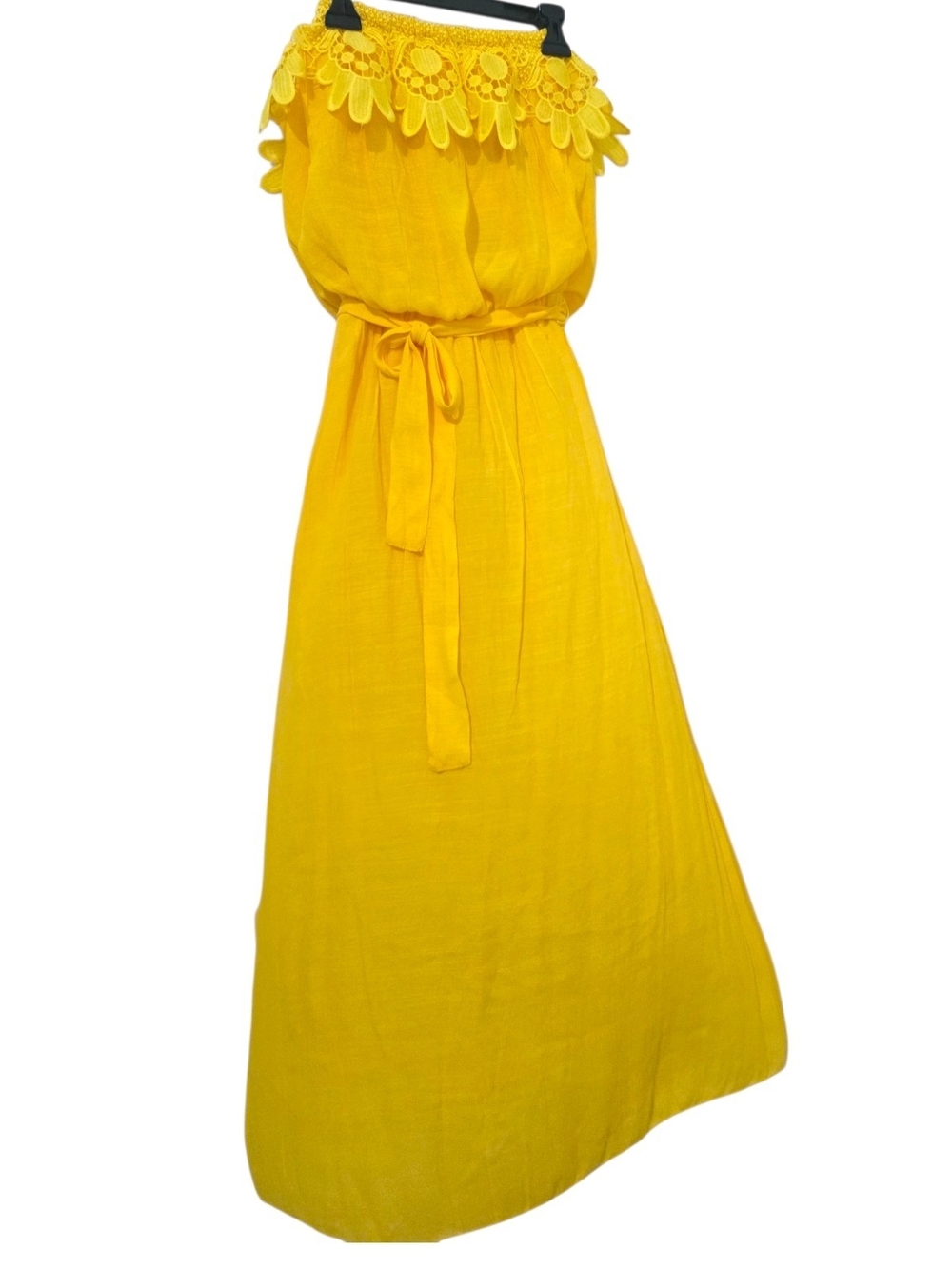 J. Glee Yellow Floral-Trim Midi Sleeveless Sundress Dress with Waist Tie Med